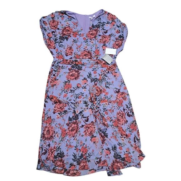 Chelsea 28 Floral Print Boho Chic Faux Wrap V Neck Multi Purple Dress Large NWT - Picture 5 of 16